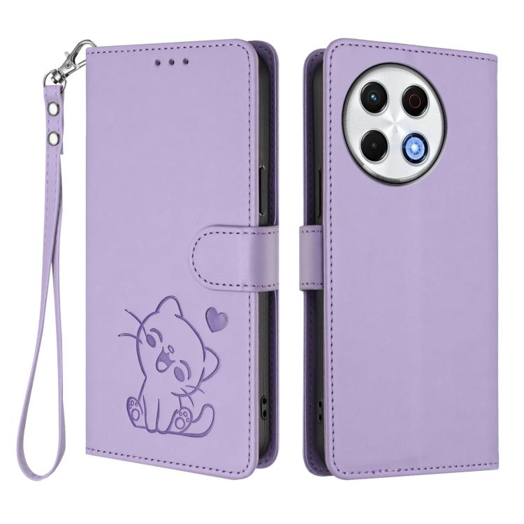 For Tecno Spark 30 Pro 4G Embossed Heart Cat Leather Phone Case with Hand Strap