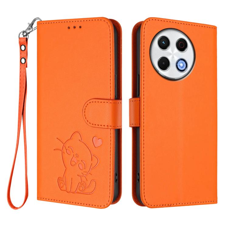 For Tecno Spark 30 Pro 4G Embossed Heart Cat Leather Phone Case with Hand Strap