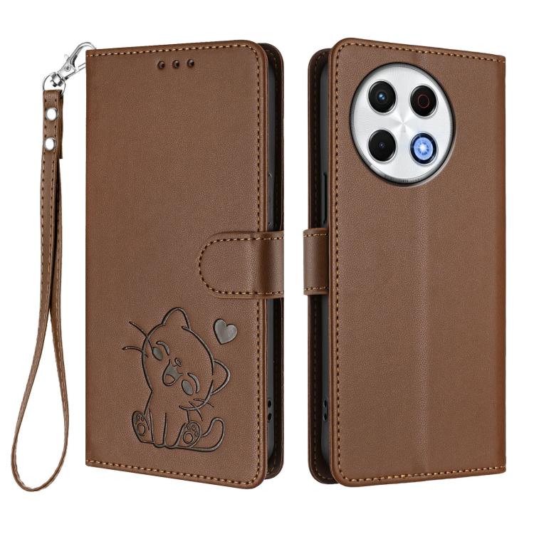 For Tecno Spark 30 Pro 4G Embossed Heart Cat Leather Phone Case with Hand Strap