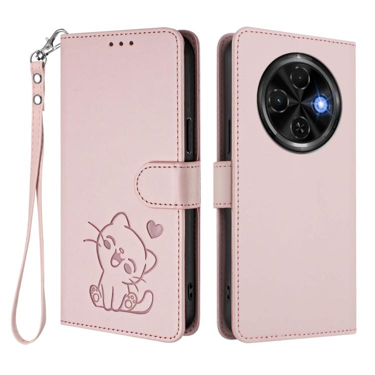 For Tecno Spark 30C 4G Embossed Heart Cat Leather Phone Case with Hand Strap