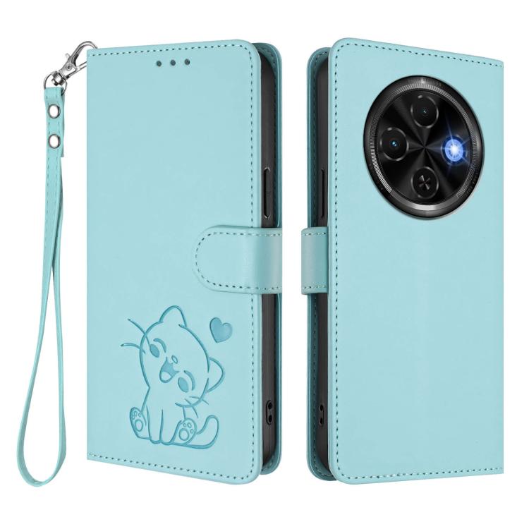 For Tecno Spark 30C 4G Embossed Heart Cat Leather Phone Case with Hand Strap