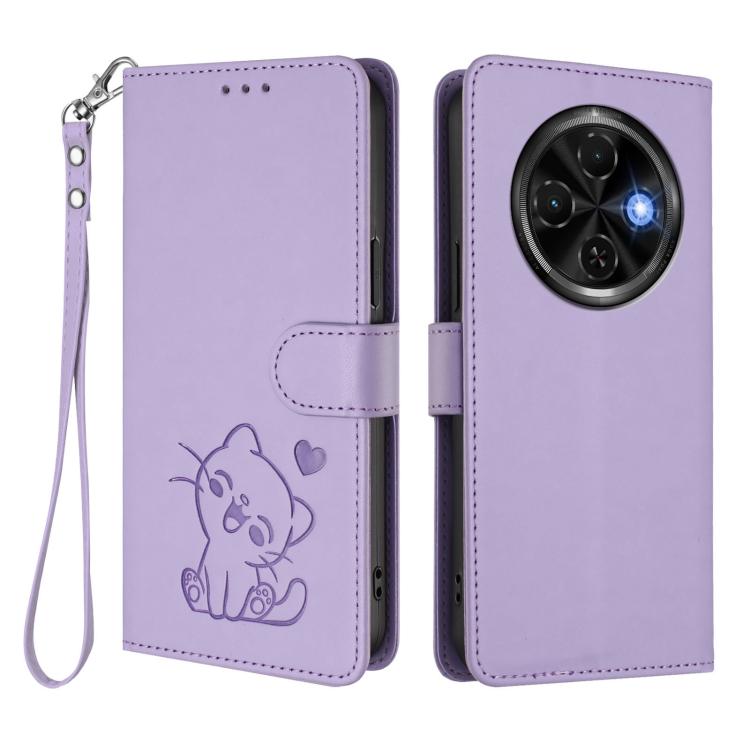 For Tecno Spark 30C 4G Embossed Heart Cat Leather Phone Case with Hand Strap