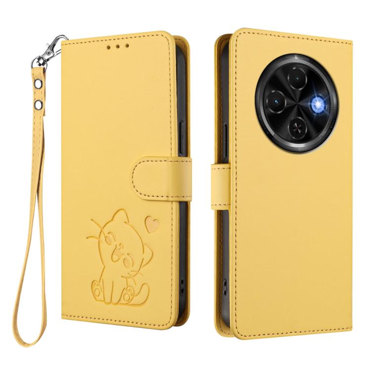 For Tecno Spark 30C 4G Embossed Heart Cat Leather Phone Case with Hand Strap