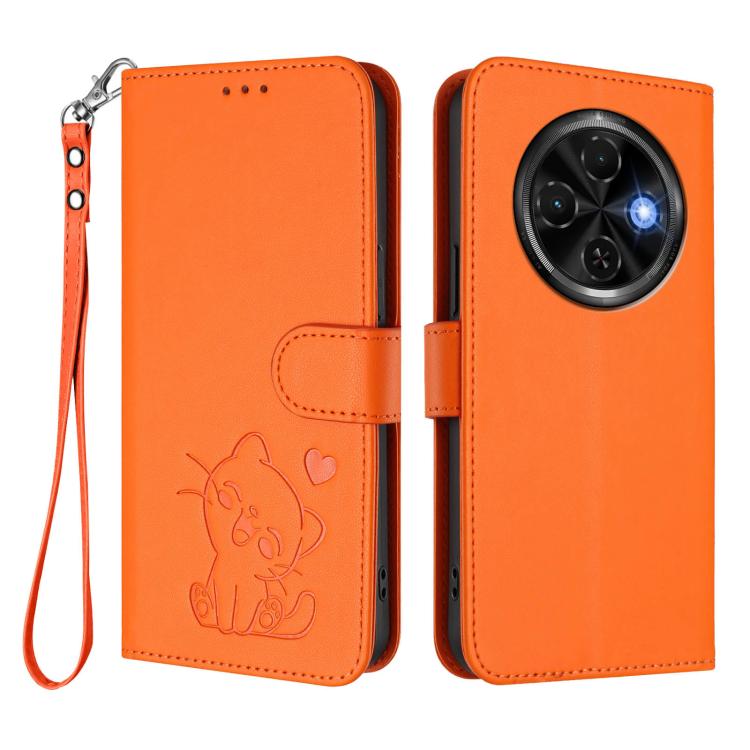 For Tecno Spark 30C 4G Embossed Heart Cat Leather Phone Case with Hand Strap