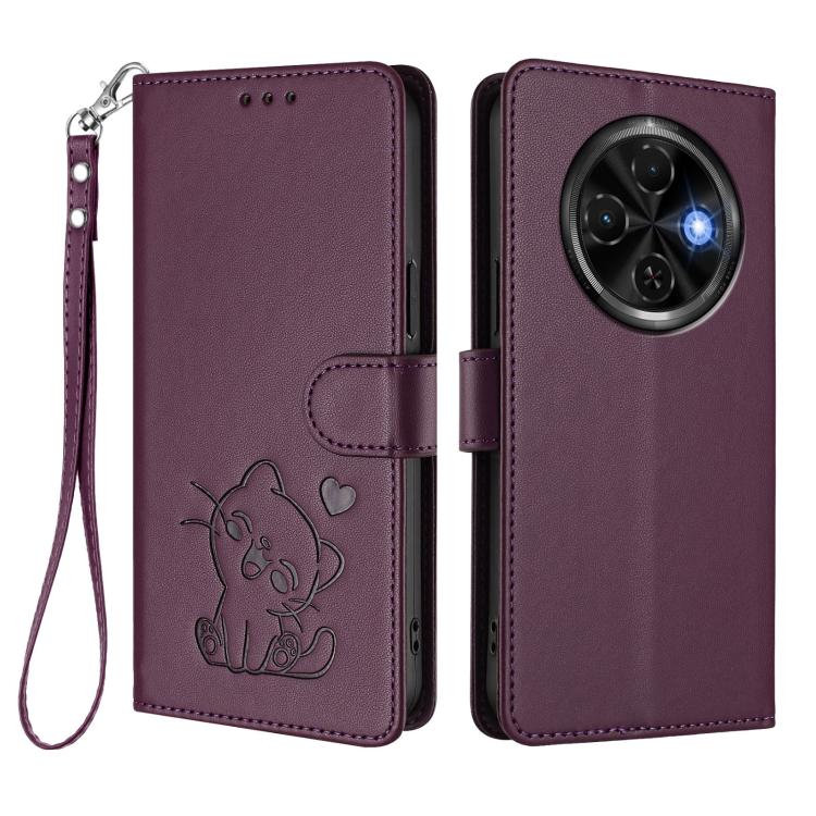 For Tecno Spark 30C 4G Embossed Heart Cat Leather Phone Case with Hand Strap