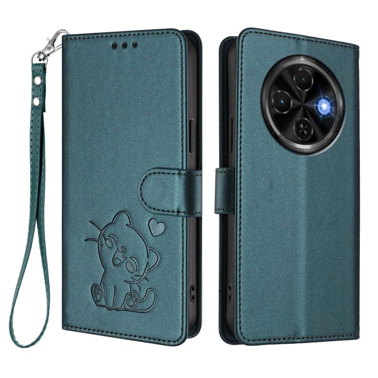 For Tecno Spark 30C 4G Embossed Heart Cat Leather Phone Case with Hand Strap
