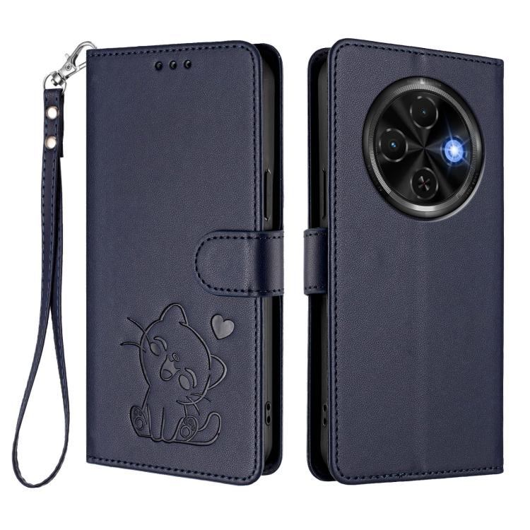 For Tecno Spark 30C 4G Embossed Heart Cat Leather Phone Case with Hand Strap