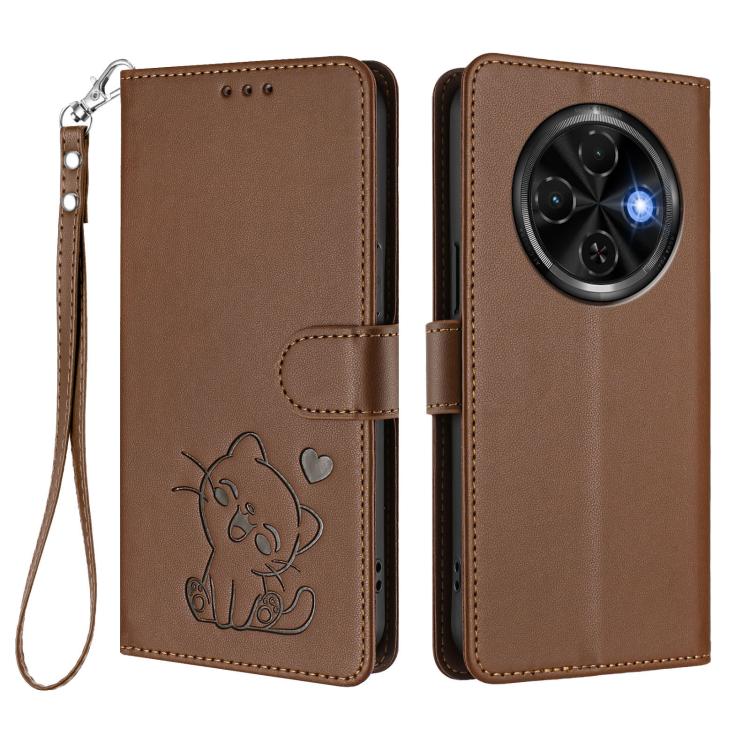 For Tecno Spark 30C 4G Embossed Heart Cat Leather Phone Case with Hand Strap