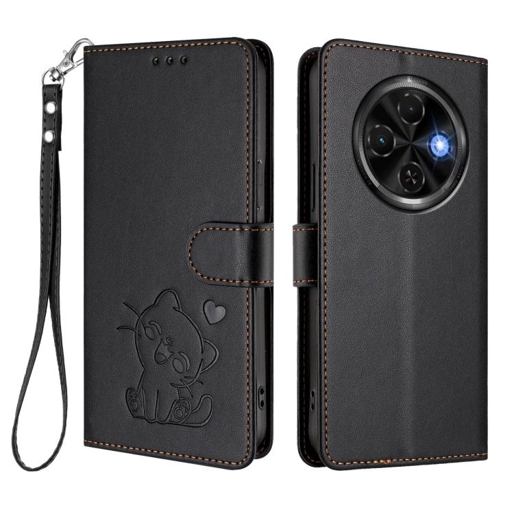 For Tecno Spark 30C 4G Embossed Heart Cat Leather Phone Case with Hand Strap