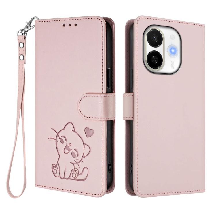 For Tecno Spark 30C 5G / Pop 9 5G Embossed Heart Cat Leather Phone Case with Hand Strap