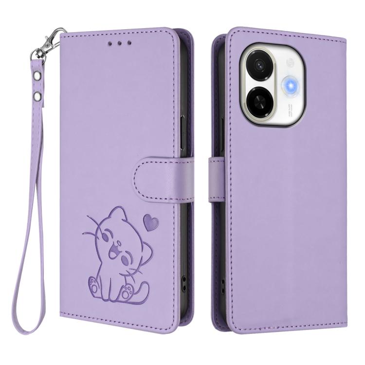 For Tecno Spark 30C 5G / Pop 9 5G Embossed Heart Cat Leather Phone Case with Hand Strap