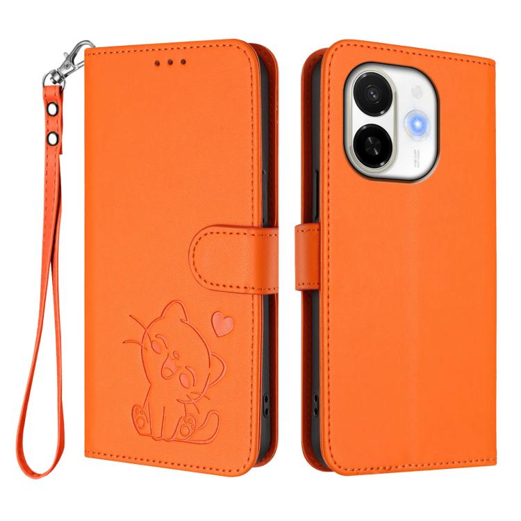 For Tecno Spark 30C 5G / Pop 9 5G Embossed Heart Cat Leather Phone Case with Hand Strap