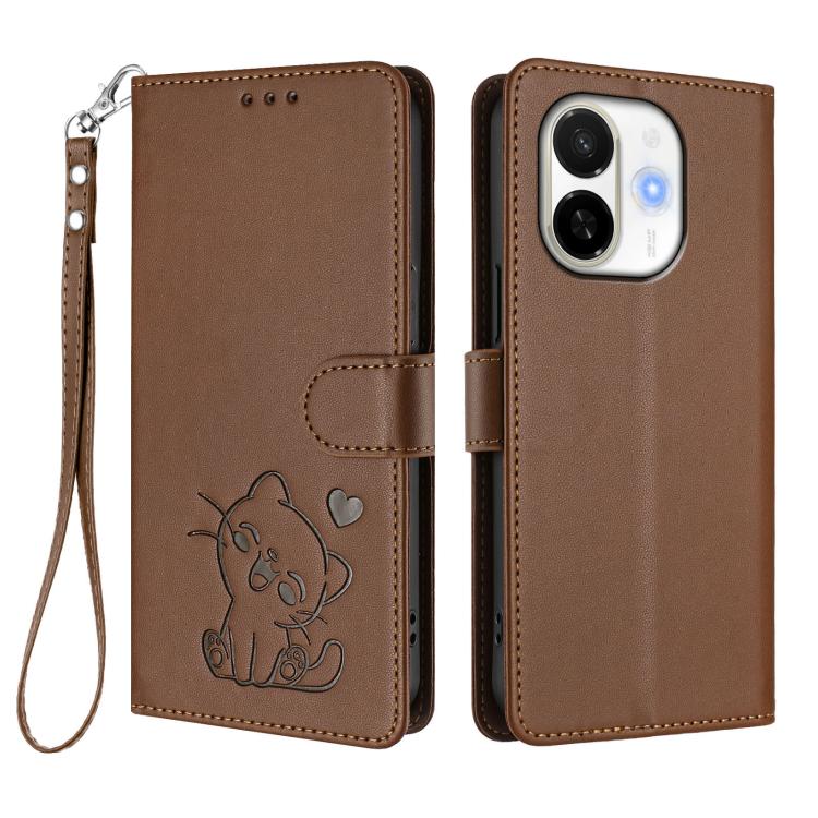 For Tecno Spark 30C 5G / Pop 9 5G Embossed Heart Cat Leather Phone Case with Hand Strap