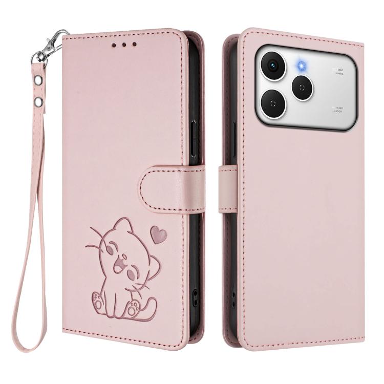 For Tecno Spark 40 4G Embossed Heart Cat Leather Phone Case with Hand Strap