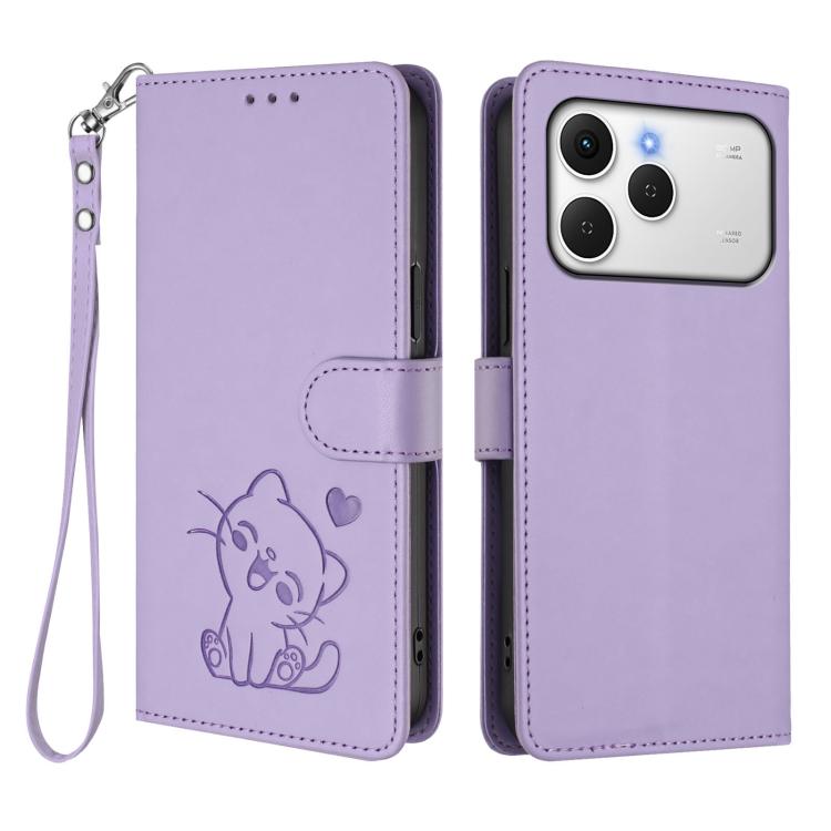 For Tecno Spark 40 4G Embossed Heart Cat Leather Phone Case with Hand Strap