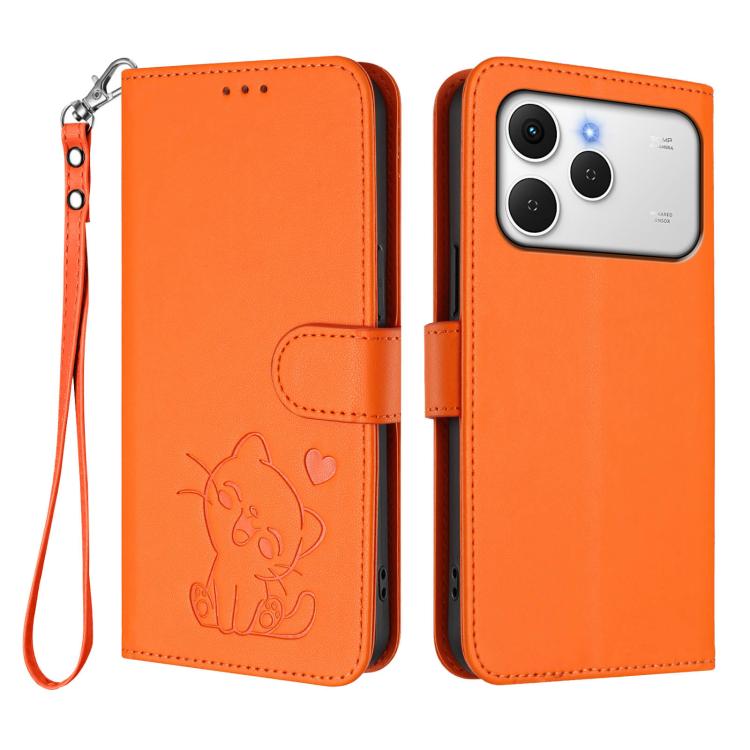 For Tecno Spark 40 4G Embossed Heart Cat Leather Phone Case with Hand Strap