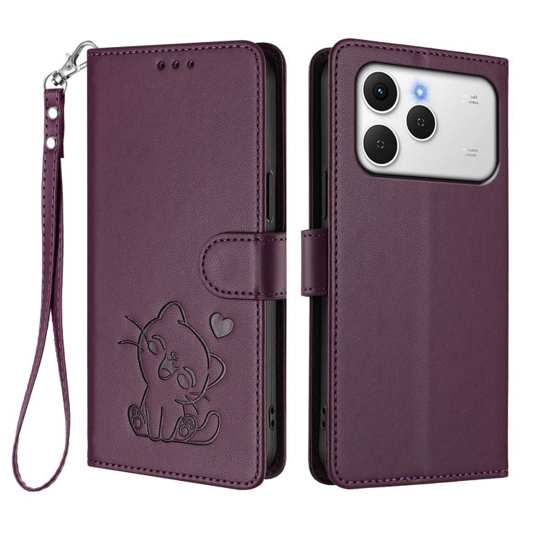 For Tecno Spark 40 4G Embossed Heart Cat Leather Phone Case with Hand Strap