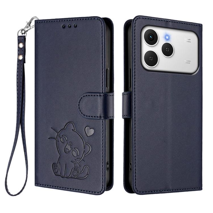 For Tecno Spark 40 4G Embossed Heart Cat Leather Phone Case with Hand Strap