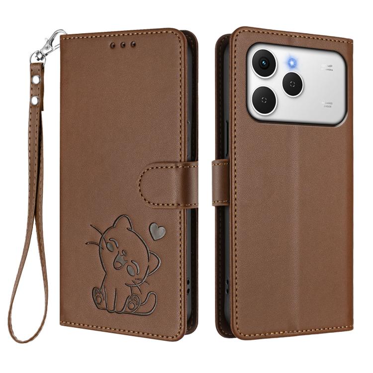 For Tecno Spark 40 4G Embossed Heart Cat Leather Phone Case with Hand Strap