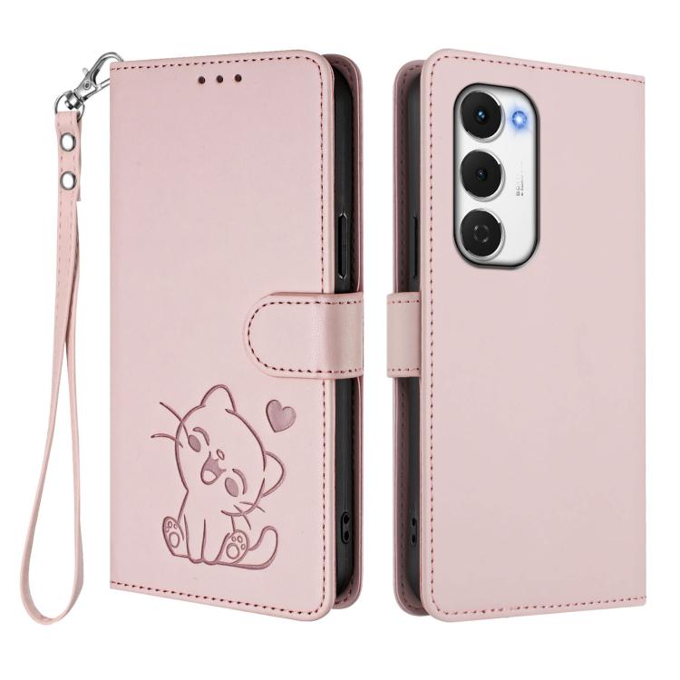 For Tecno Spark 40 Pro+ 4G Embossed Heart Cat Leather Phone Case with Hand Strap