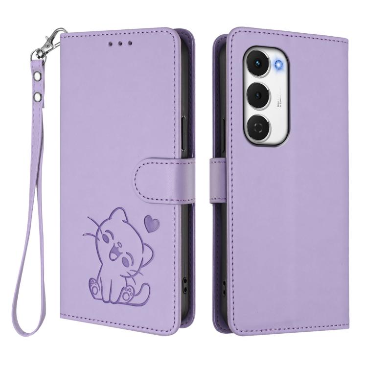 For Tecno Spark 40 Pro+ 4G Embossed Heart Cat Leather Phone Case with Hand Strap