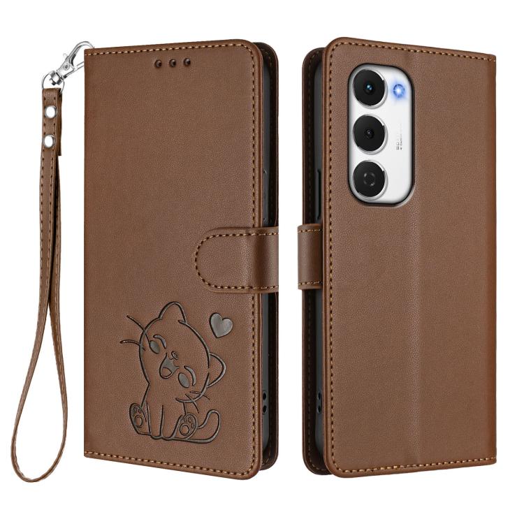 For Tecno Spark 40 Pro+ 4G Embossed Heart Cat Leather Phone Case with Hand Strap