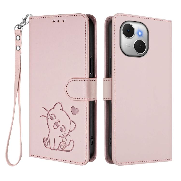 For Tecno Spark 40C Embossed Heart Cat Leather Phone Case with Hand Strap