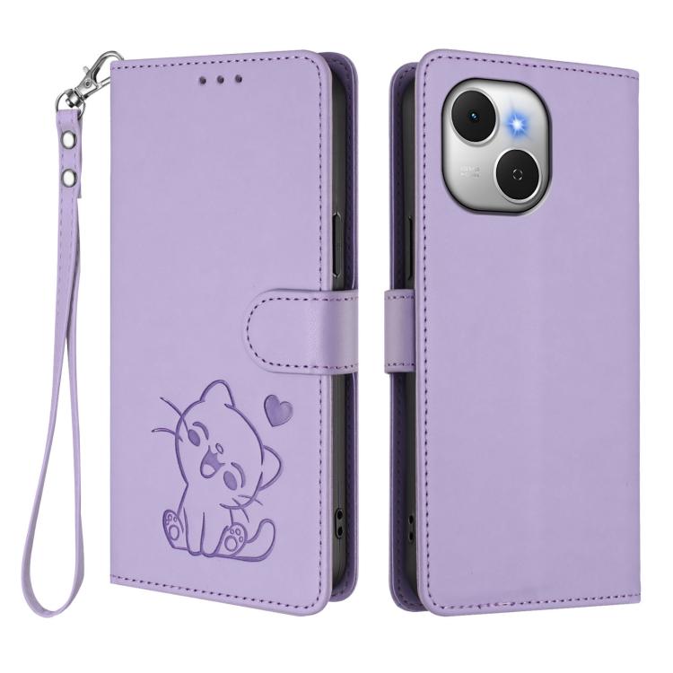 For Tecno Spark 40C Embossed Heart Cat Leather Phone Case with Hand Strap