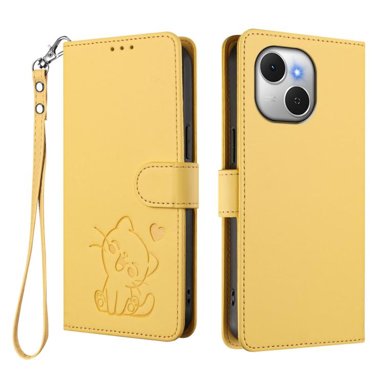 For Tecno Spark 40C Embossed Heart Cat Leather Phone Case with Hand Strap