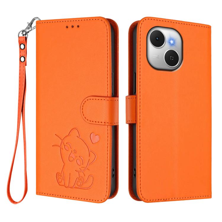 For Tecno Spark 40C Embossed Heart Cat Leather Phone Case with Hand Strap