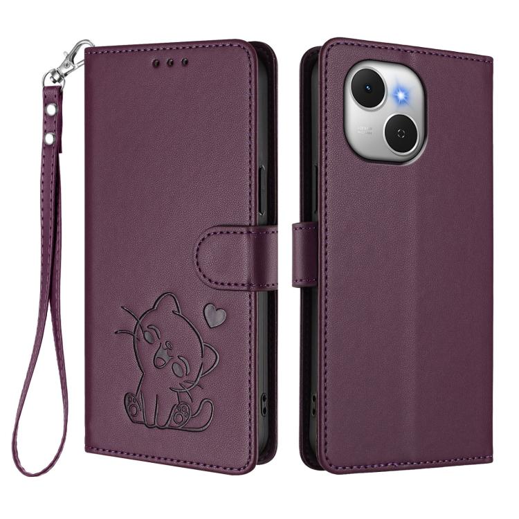 For Tecno Spark 40C Embossed Heart Cat Leather Phone Case with Hand Strap