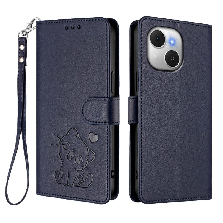 For Tecno Spark 40C Embossed Heart Cat Leather Phone Case with Hand Strap