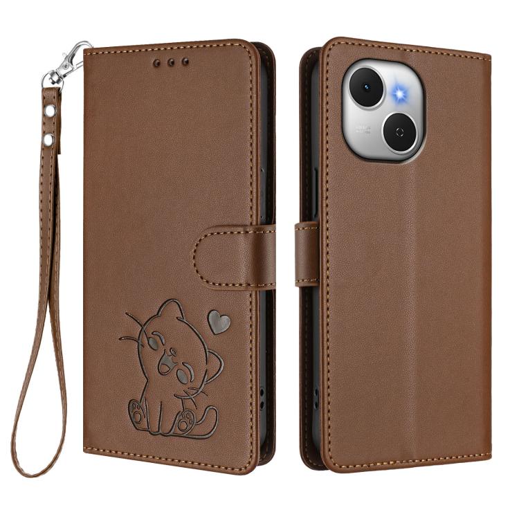 For Tecno Spark 40C Embossed Heart Cat Leather Phone Case with Hand Strap