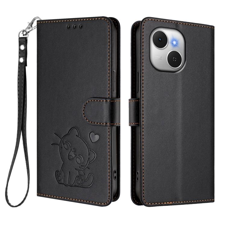 For Tecno Spark 40C Embossed Heart Cat Leather Phone Case with Hand Strap