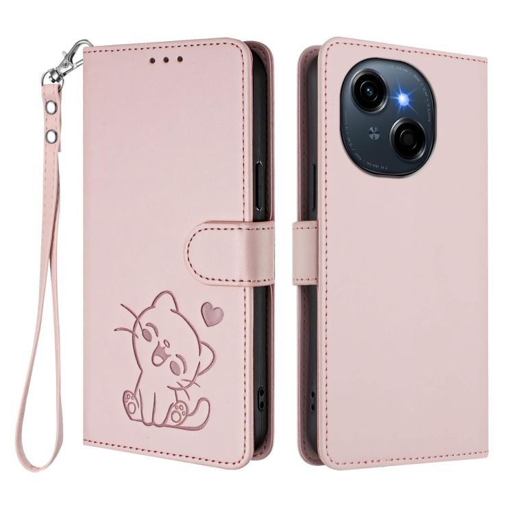 For Tecno Spark Go 1 / Pop 9 Embossed Heart Cat Leather Phone Case with Hand Strap