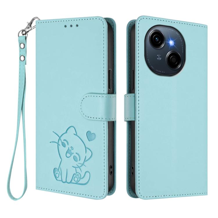 For Tecno Spark Go 1 / Pop 9 Embossed Heart Cat Leather Phone Case with Hand Strap