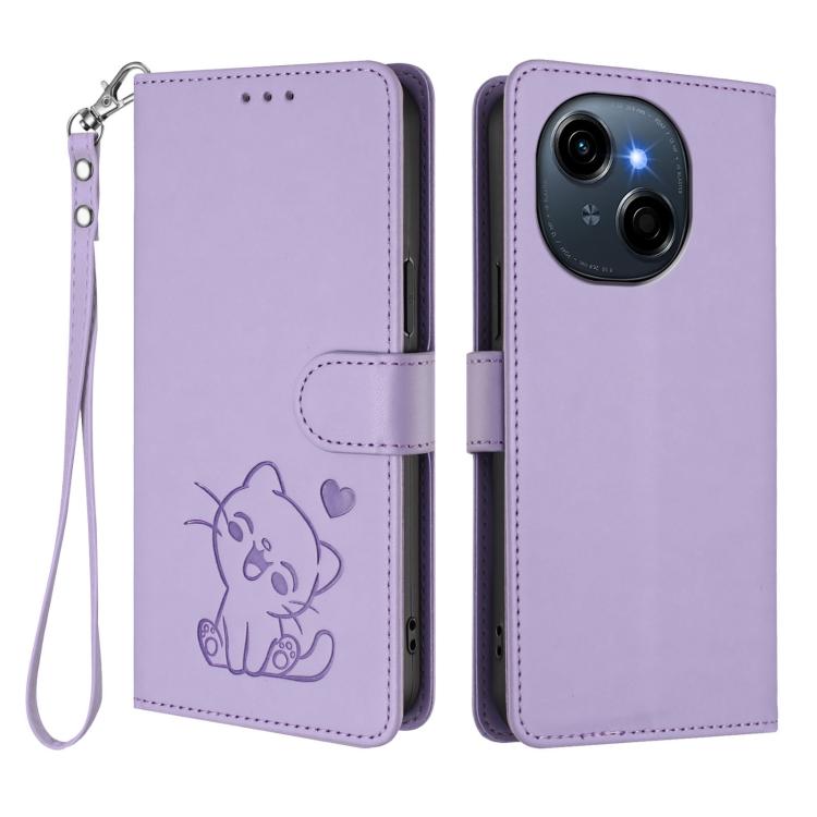 For Tecno Spark Go 1 / Pop 9 Embossed Heart Cat Leather Phone Case with Hand Strap