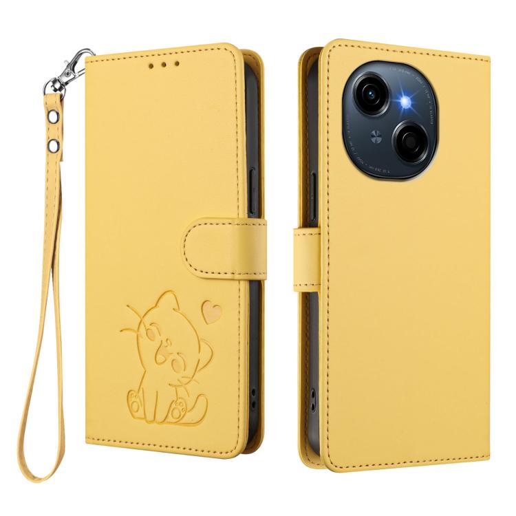 For Tecno Spark Go 1 / Pop 9 Embossed Heart Cat Leather Phone Case with Hand Strap