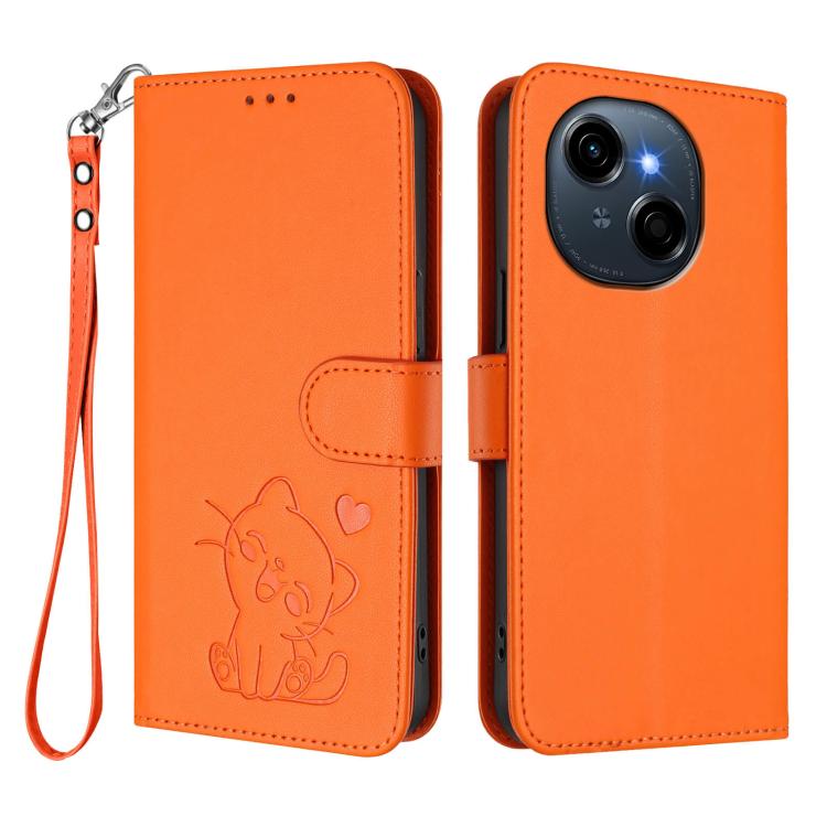 For Tecno Spark Go 1 / Pop 9 Embossed Heart Cat Leather Phone Case with Hand Strap