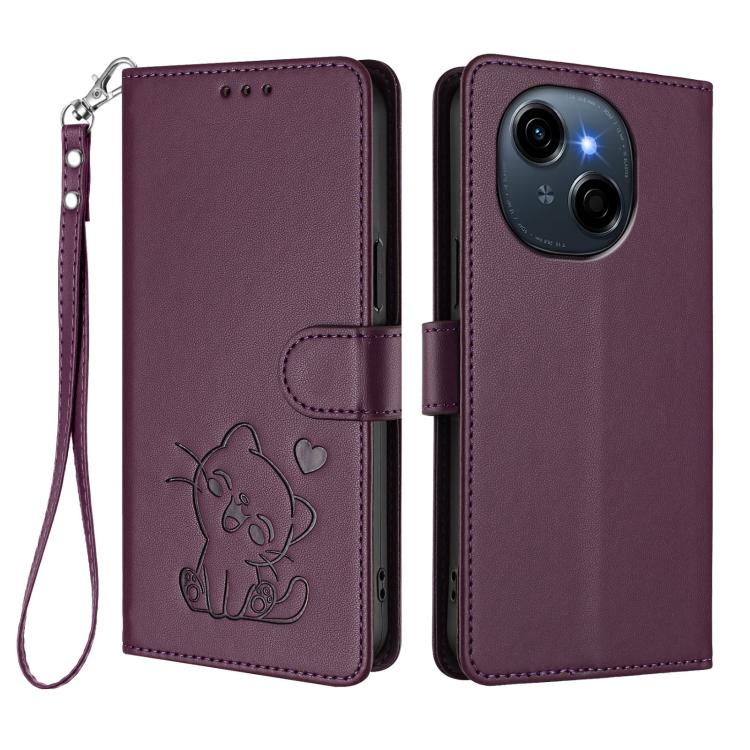 For Tecno Spark Go 1 / Pop 9 Embossed Heart Cat Leather Phone Case with Hand Strap