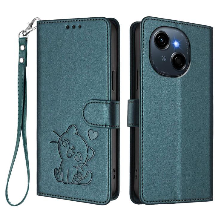 For Tecno Spark Go 1 / Pop 9 Embossed Heart Cat Leather Phone Case with Hand Strap