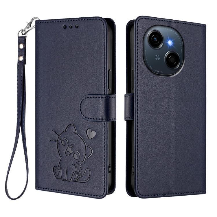 For Tecno Spark Go 1 / Pop 9 Embossed Heart Cat Leather Phone Case with Hand Strap