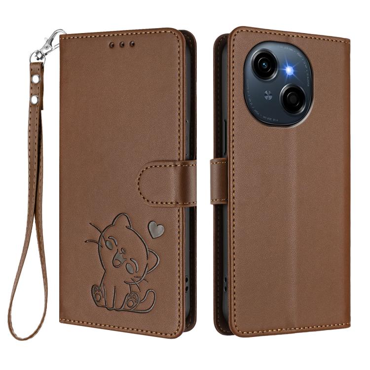 For Tecno Spark Go 1 / Pop 9 Embossed Heart Cat Leather Phone Case with Hand Strap