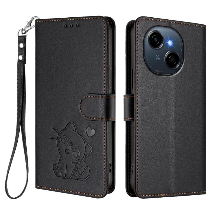 For Tecno Spark Go 1 / Pop 9 Embossed Heart Cat Leather Phone Case with Hand Strap