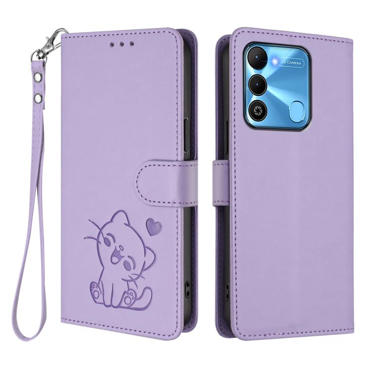 For Tecno Spark Go 2022 / 9 / 8C Embossed Heart Cat Leather Phone Case with Hand Strap