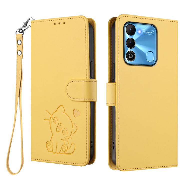 For Tecno Spark Go 2022 / 9 / 8C Embossed Heart Cat Leather Phone Case with Hand Strap