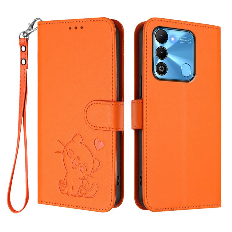 For Tecno Spark Go 2022 / 9 / 8C Embossed Heart Cat Leather Phone Case with Hand Strap