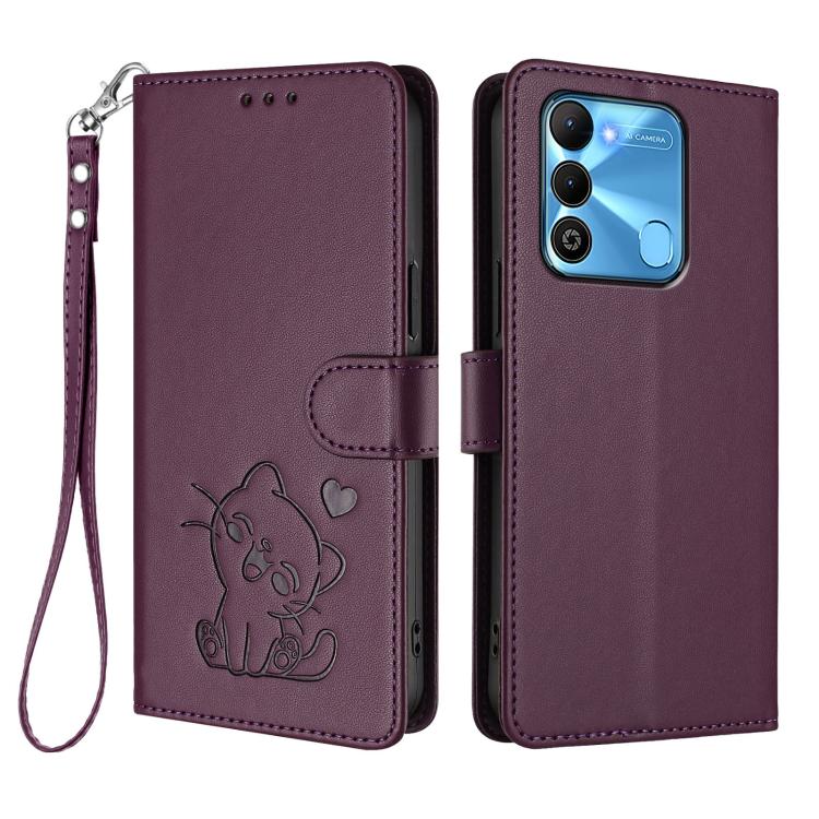 For Tecno Spark Go 2022 / 9 / 8C Embossed Heart Cat Leather Phone Case with Hand Strap
