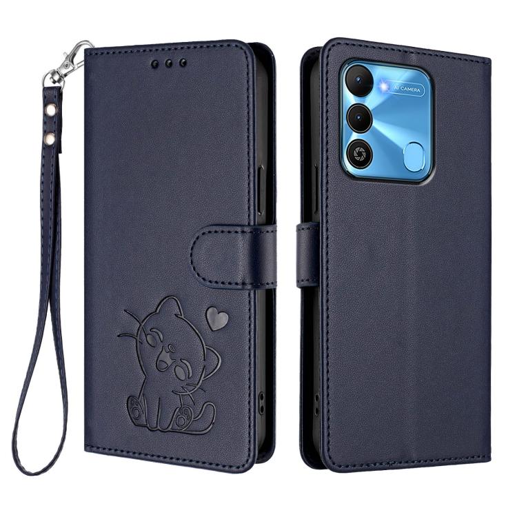 For Tecno Spark Go 2022 / 9 / 8C Embossed Heart Cat Leather Phone Case with Hand Strap