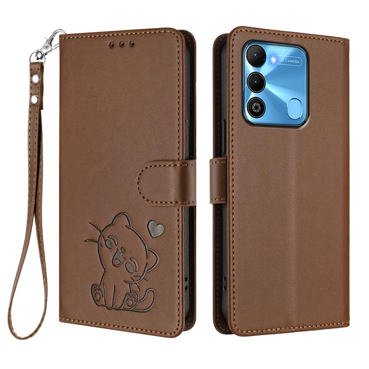 For Tecno Spark Go 2022 / 9 / 8C Embossed Heart Cat Leather Phone Case with Hand Strap